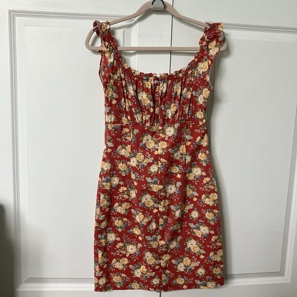 Y2K Ralph Lauren Mini Dress Womens Red Milkmaid Prairie Cotton Ruffle - Picture 1 of 8